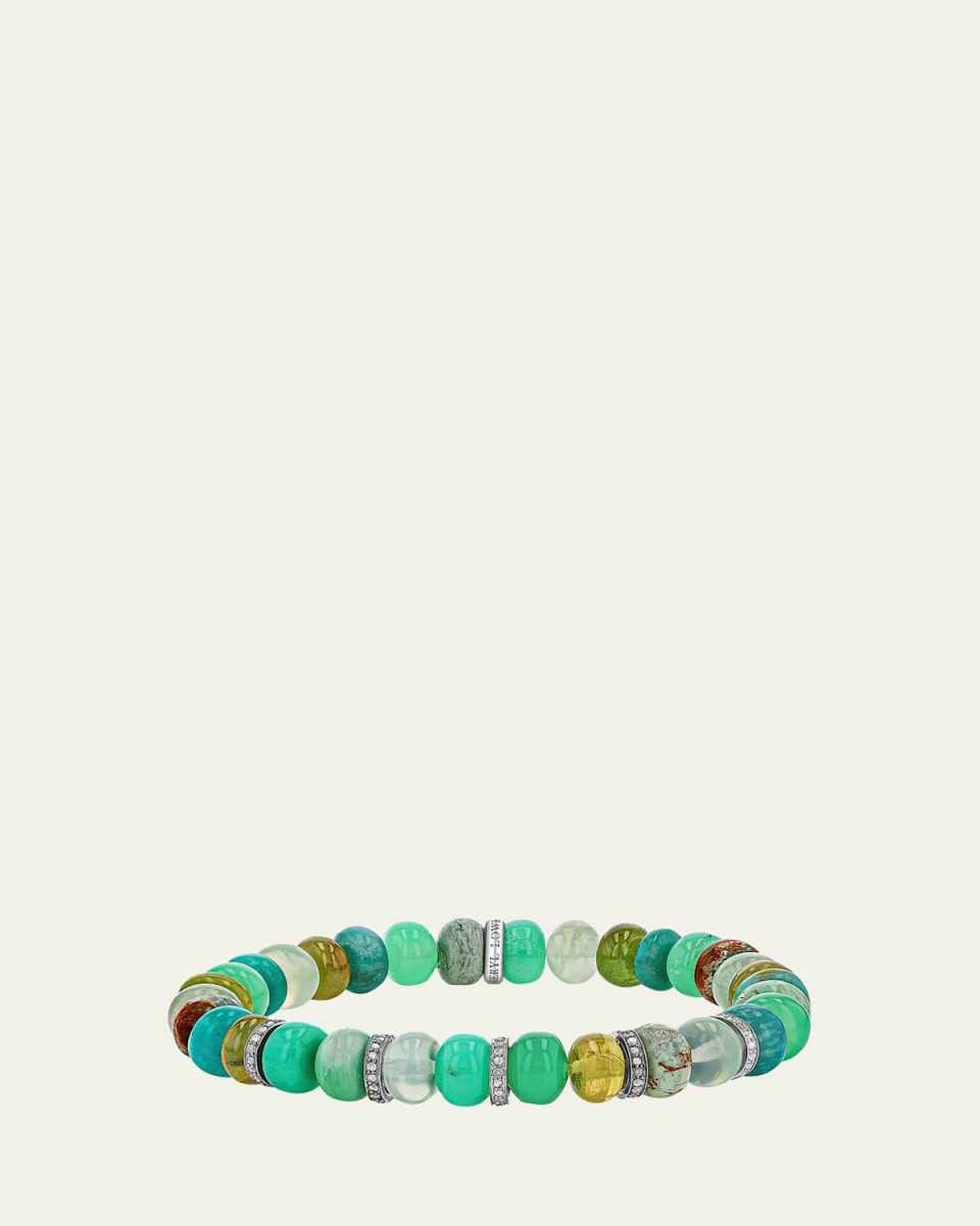 Green Mix 8mm Bead Bracelet with 5 Diamond Rondelles